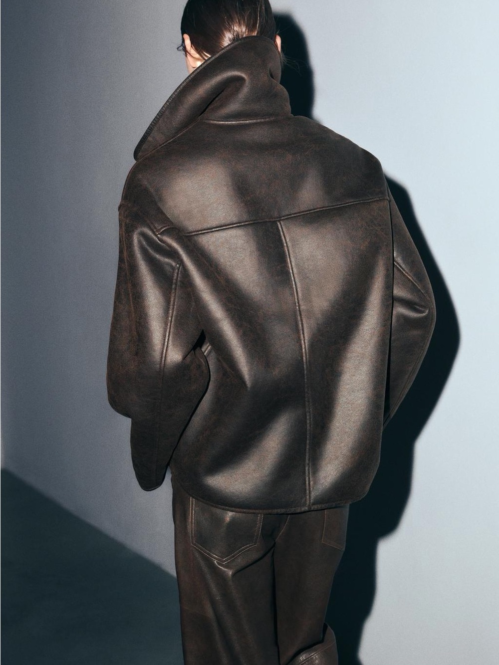 Zara Dark Brown Faux Leather Jacket with Beige Shearling Collar - Picture 7 of 8